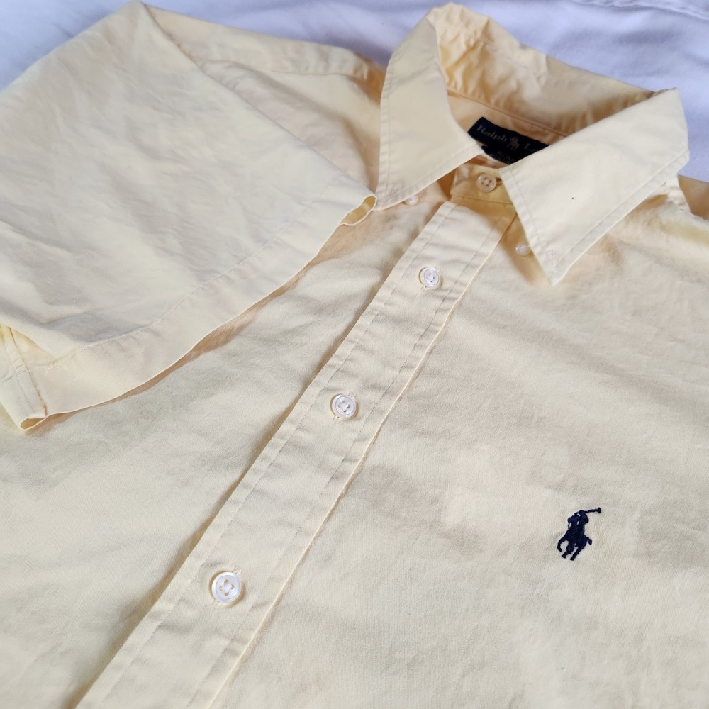 RALPH LAUREN Blake Shirt Men's XL Yellow Cotton Short Sleeve Button Blue Pony